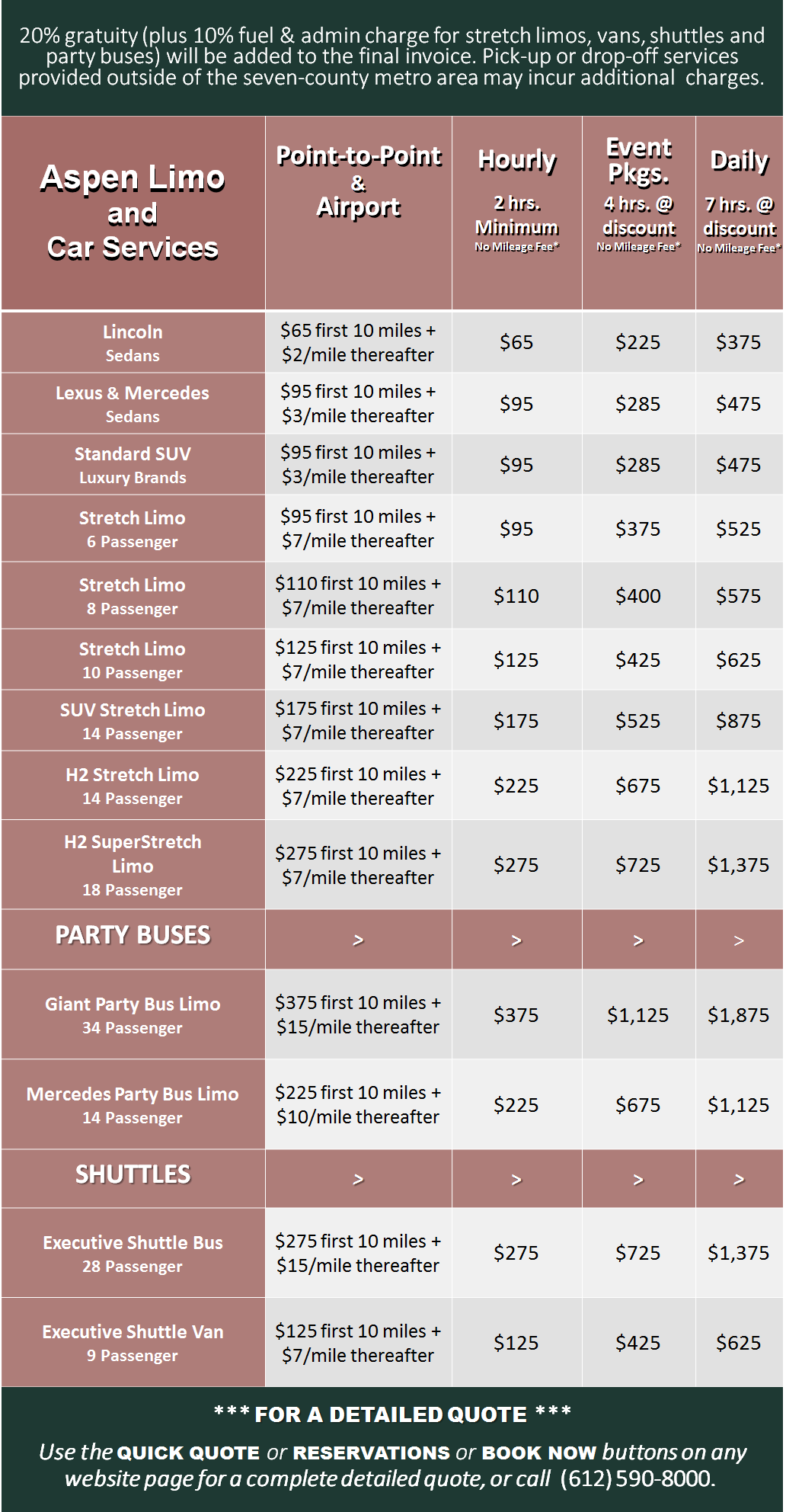 Aspen Minneapolis Limousine and Car Service Rates
